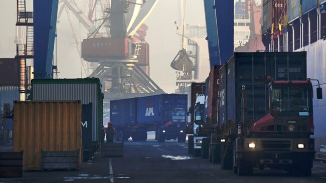 Выгрузка контейнеров с судна в контейнерном терминале Владивостокского морского порта