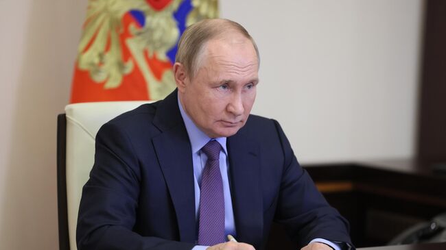 Президент РФ Владимир Путин во время встречи в режиме видеоконференции с губернатором Вологодской области Олегом Кувшинниковым